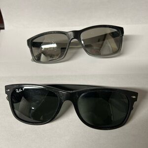 Ray-Ban New Wayfarer and Arnette Slickster Sunglasses selling as a pair.